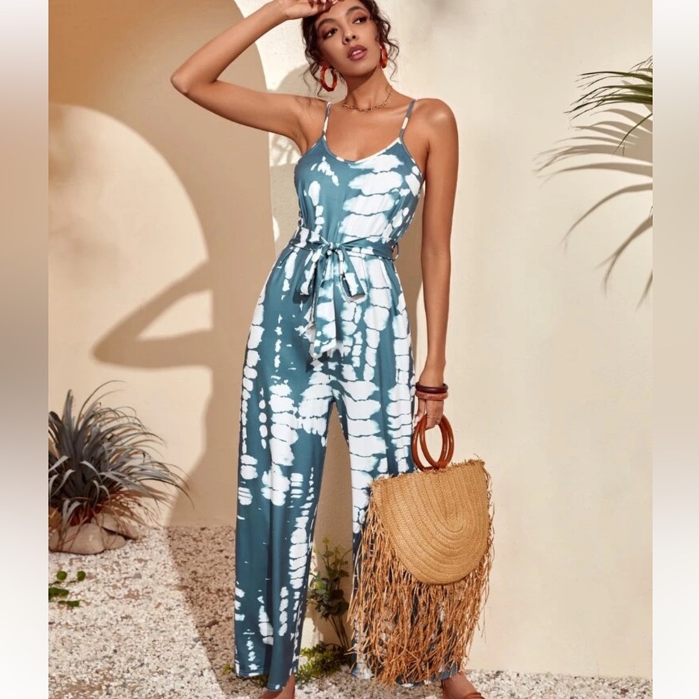 Tie-Dye Wide-Leg Jumpsuit with Waist Tie